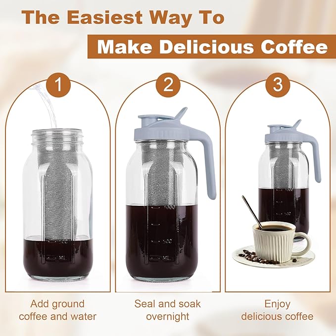 QHH Cold Brew Coffee Maker,64 oz Mason Jar Pitcher with Stainless Steel Filter, Pour Spout Handle Lid, Heavy Duty Glass Airtight & Leak-Proof Pitcher for iced coffee Tea Lemonade-Gray