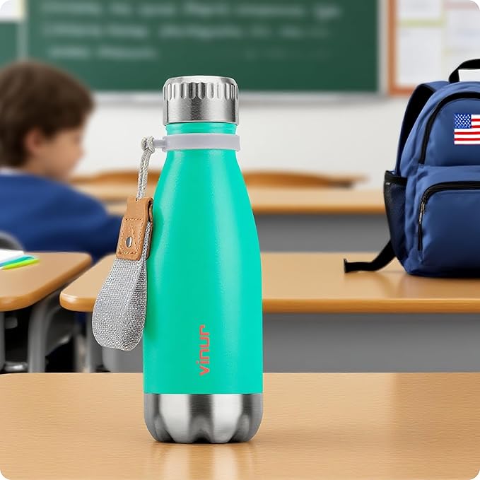 VINUR Kids Water Bottle-12 oz Stainless Steel Double Wall Vacuum Insulated Water Bottle for School-Cola Shape Flask with Carry Rope(Teal)