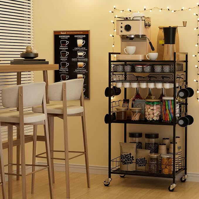 Coffee Bar Station with Storage Drawer - 5 Tier Coffee Table Countertop Organizer for K Cups, Tea Bags, Sugar Storage and Kitchen Cabinets (Black)