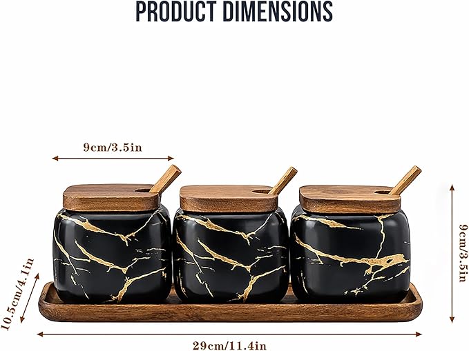 3 Pcs Porcelain Condiment Jar Pot Spice Container Ceramic Seasoning Jar with Lid Spoon and Tray Great for Home Kitchen Counter, Black