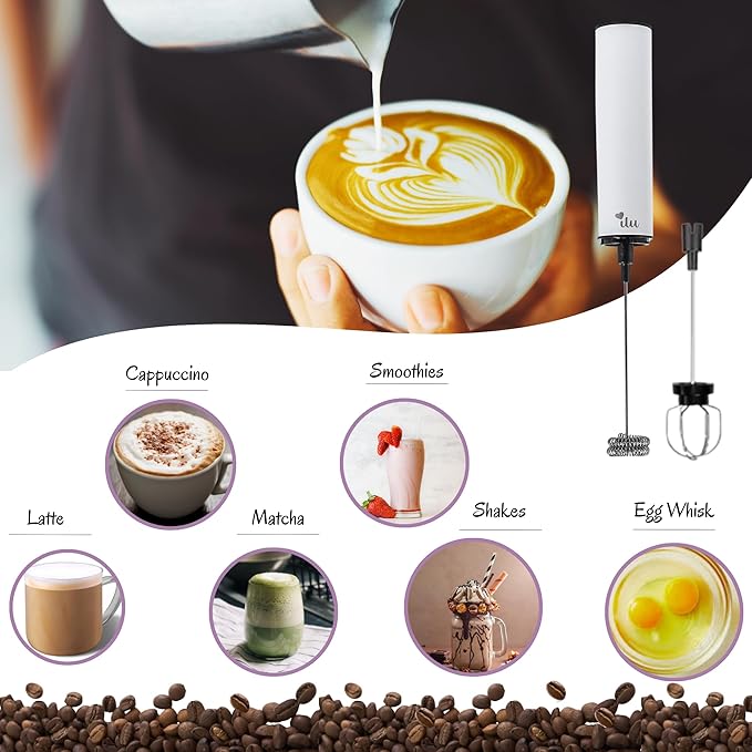 ilu Rechargeable Milk Frother | Drink Mixer | Coffee Frother Handheld with USB-C Charging, stainless steel body, foam, stirrer for Milk, Coffee, matcha, cappuccino, latte, egg (WHITE)