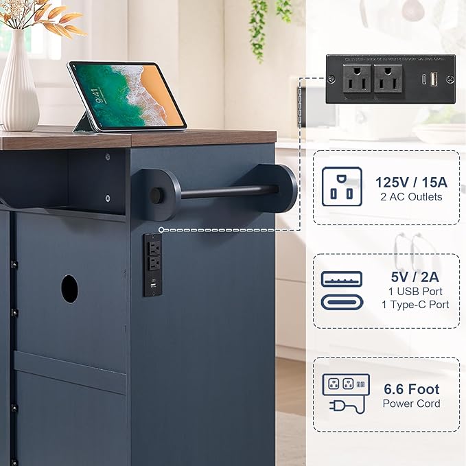 Okvnbjk 57" Kitchen Island with Storage & Drop Leaf — Kitchen Rolling Island with Trash Can Storage Cabinet, Large Mobile Island Cart on Wheels with Power Outlet, Spice & Towel Rack, Navy Blue