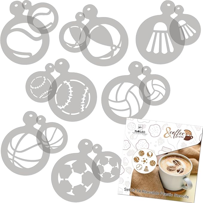 NAKLEO Coffee Stencils and Cookies Decoration 14Pcs 2.8”x2.8” and 4.3”x4.3”, Reusable Plastic Baking Templates, Sport Football Balls, Barista DIY Art Craft, Capuccino Latte Chocolate Cake Biscuit
