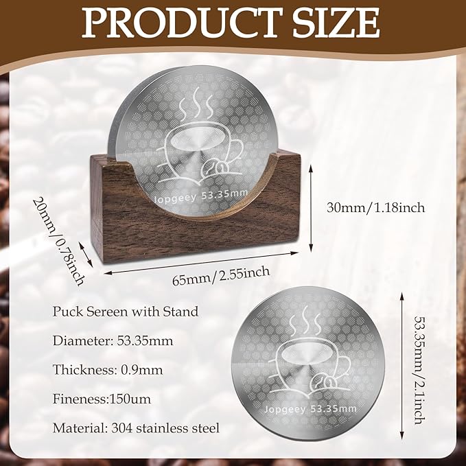 2 Pack 53.35mm Espresso Puck Screen with Stand, 0.9mm 150μm Ultra Thin Reusable Coffee Filter Compatible with Breville Barista 54mm Portafilter Basket, 304 Stainless Steel Espresso Machine Accessories