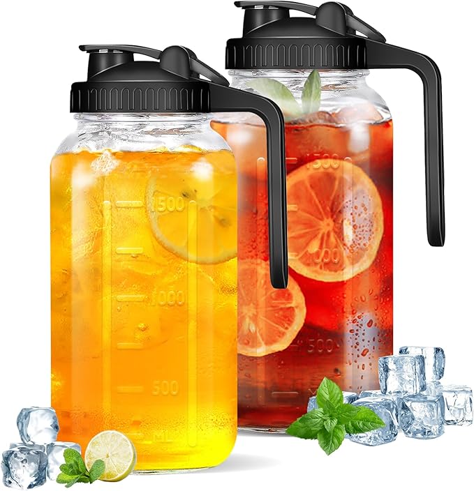 2Pack Glass Pitcher - 64 OZ Mason Jar Glass Jug Breast milk Containers, Wide Mouth，Airtight & Leakproof Pitcher with Pour Spout Lids for Water, Juice, Milk, Tea, Iced Coffee