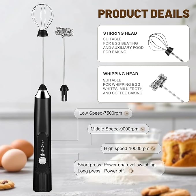 BEoffer Milk Frother Handheld + Stand Rechargeable 2000mAH Power Frother Wand Electric Foam Maker with 2 Stainless Whisks 3 Speeds Drink Mixer Coffee Frother for Latte, Cappuccino Matcha Hot Chocolate