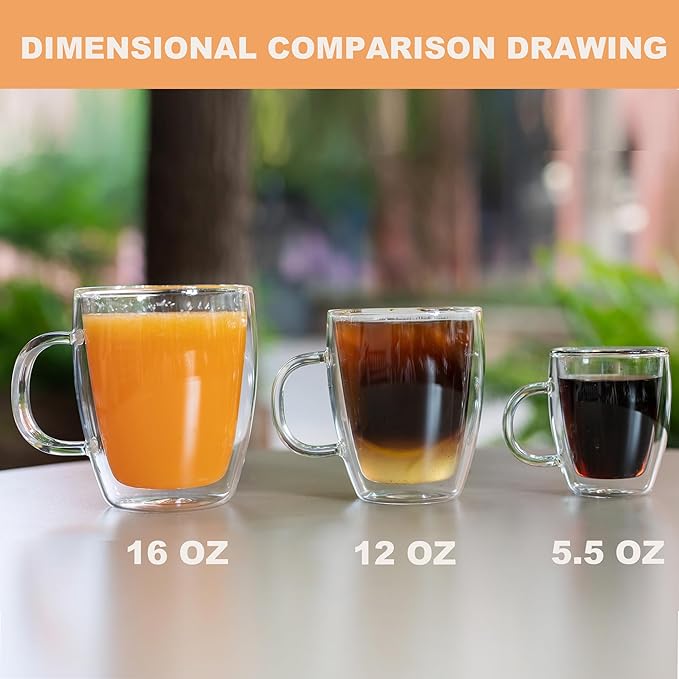 YUNCANG Double Wall Coffee Mugs, (4-Pcak) 16 Ounces-Clear Glass with Handle,lnsulated,Cappuccino,Tea,LatteCups,Beverage Glasses Heat Resistant