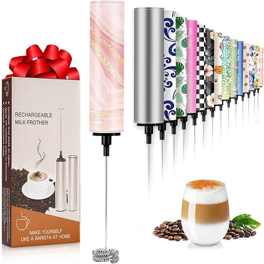 Milk Frother Handheld Rechargeable - 2-Speed Electric Whisk with 5 Detachable Heads (Frother/Mixer/Whisk) for Coffee, Latte, Cappuccino & Matcha, Drink Mixer (Flower 19)