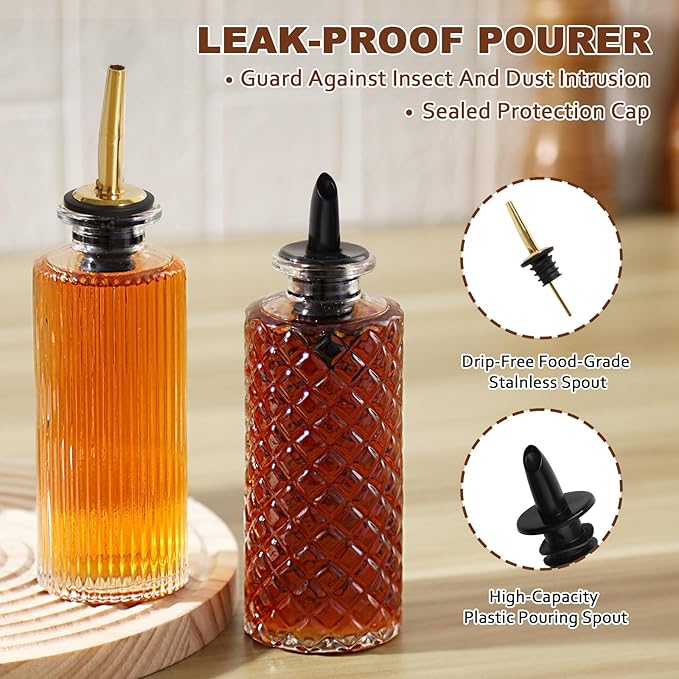 Coffee Syrup Dispenser Bottles, 4 Pack Glass Syrup Dispensers for Coffee Bar, 6.1 Fl Oz Small Maple Syrup Container Set with Golden Spoon, Vintage Oil Dispenser Bottle for Kitchen