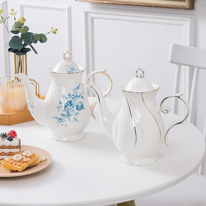 tea pot ceramic with lid, 38.8 Oz for Tea, Milk, Coffee, Flower tea(White with gold thread)