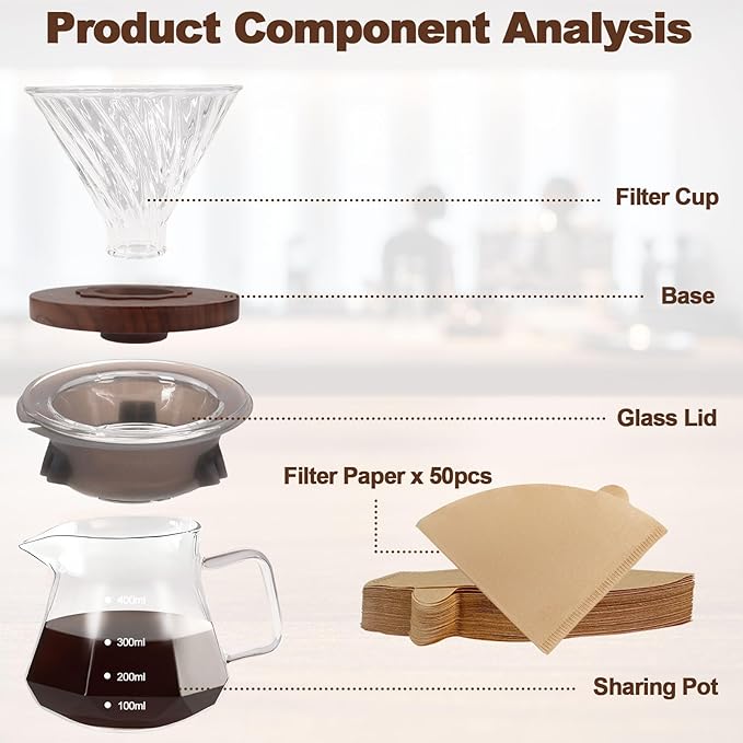 Pour Over Coffee Maker Set 400ml 13.5oz Portable with 50 Pcs Filter Paper Glass Coffee Maker High Borosilicate Glass Eagle Beak Spout Design Walnut Wood Base for Pour Over for Daily Brewing