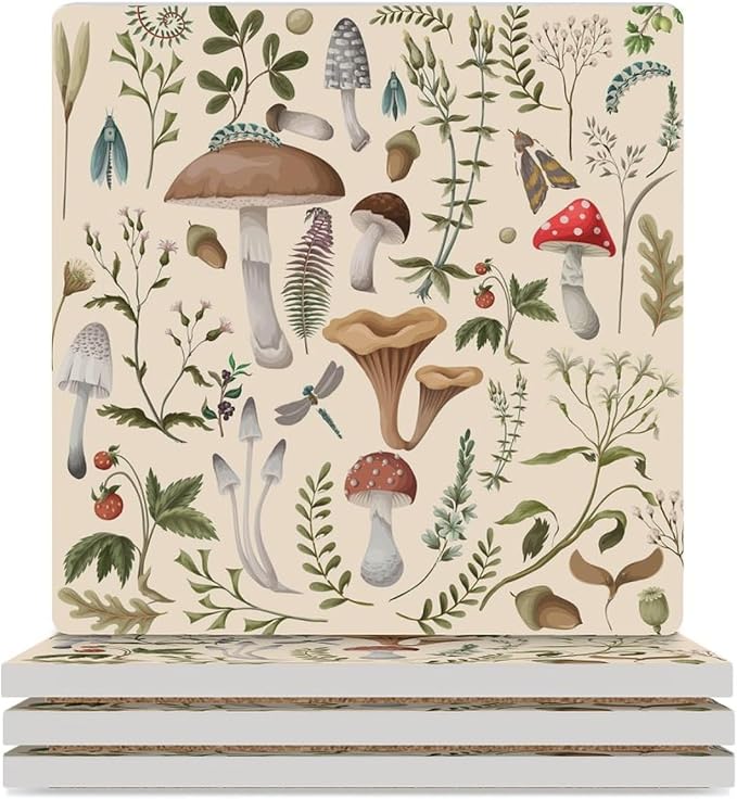 Botanical Drink Coasters, Square Ceramic Drink Coaster Square-4PCS, Nature Cartoon Botanical Leaves Mushroom Plants Pattern Decor Absorbent Ceramic Coasters for Beverage Cup, Bar, Coffee Table