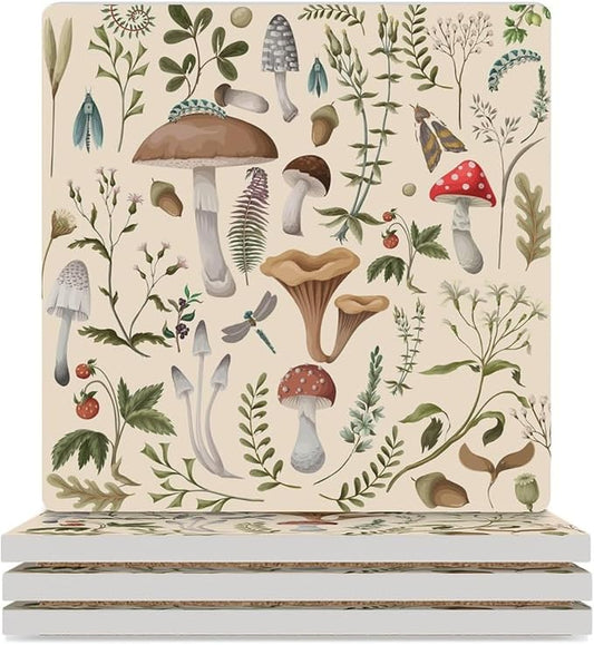 Botanical Drink Coasters, Square Ceramic Drink Coaster Square-4PCS, Nature Cartoon Botanical Leaves Mushroom Plants Pattern Decor Absorbent Ceramic Coasters for Beverage Cup, Bar, Coffee Table