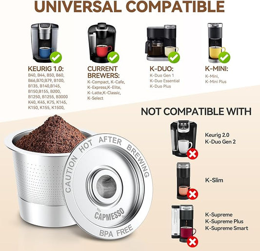 CAPMESSO Reusable Coffee Pods for Keurig 1.0: 4 Stainless Steel Refillable K-Cups with 12 Gaskets - Universal Compatibility, Eco-Friendly, Silver