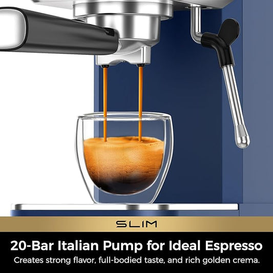 CHULUX Slim Espresso Machine with Milk Frother – 20 Bar Italian Pump, Cappuccino & Latte Maker, Stainless Steel, Navy