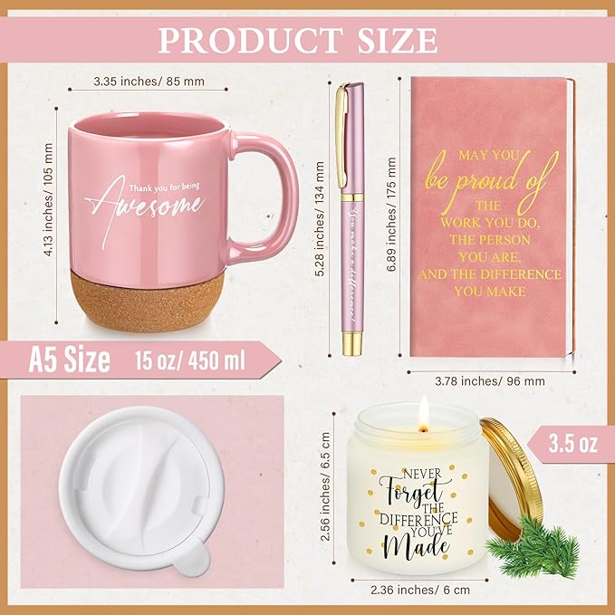 4 Pcs Thank You Gift Set for Women Men Coworker Employee Inspirational Appreciation Gifts Notebook Coffee Mug Scented Candle Pen for Valentine's Day Team Office Staff Teacher Nurse(Pink)