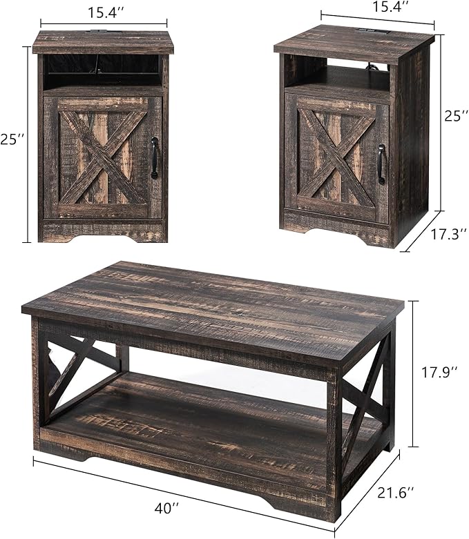 AMERLIFE 3-Piece Farmhouse Table Set Includes Coffee Table& Two End Tables, Side Table with Charging Station and USB Ports, for Living Room, Dark Oak