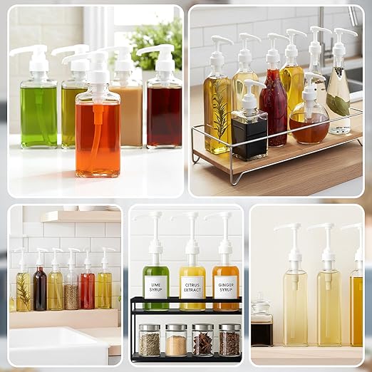 Ferrochef 10 Pcs Coffee Syrup Pumps with Tip Covers, Compatible with Monin 750ml Glass Bottles, 1/4 oz Dispensing Pump for Coffee Bar, Latte, Cocktail, Drink Flavoring (White)