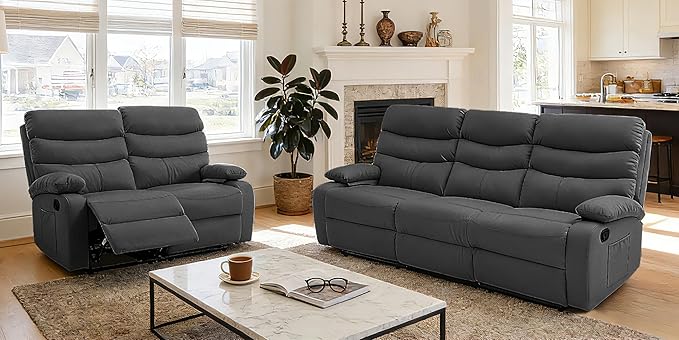 Reclining Couch Sofa Set Leather Recliner Couch Sofa and Loveseat Sets for Living Room, RV, Theater Seating(3 Seat Sofa+Loveseat,Grey)
