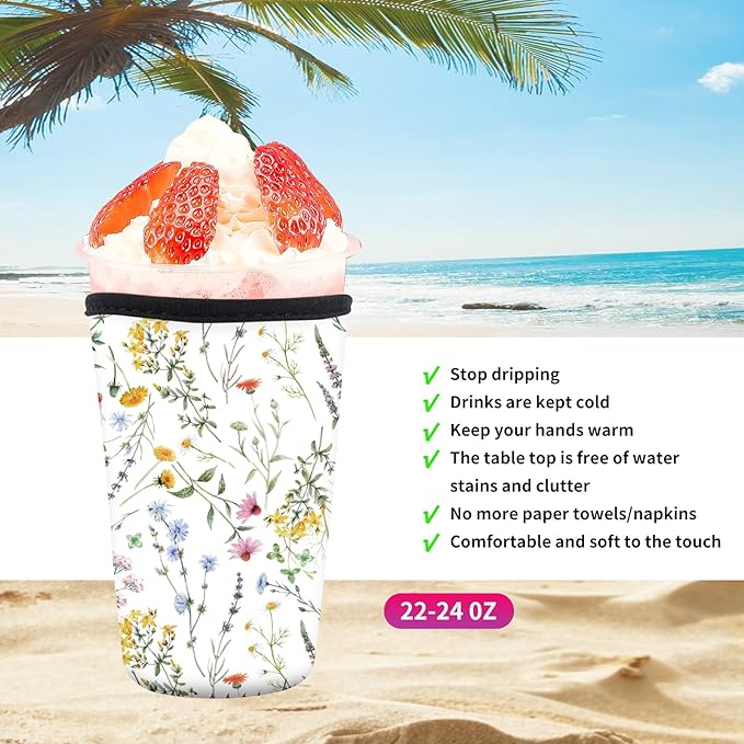 Reusable Neoprene Insulator Sleeve for Iced Coffee Cold Soda Cups, Cute Durable Drink Sleeve for Cold Beverages, Medium 22-28oz Cup Sleeve Beautiful Flowers