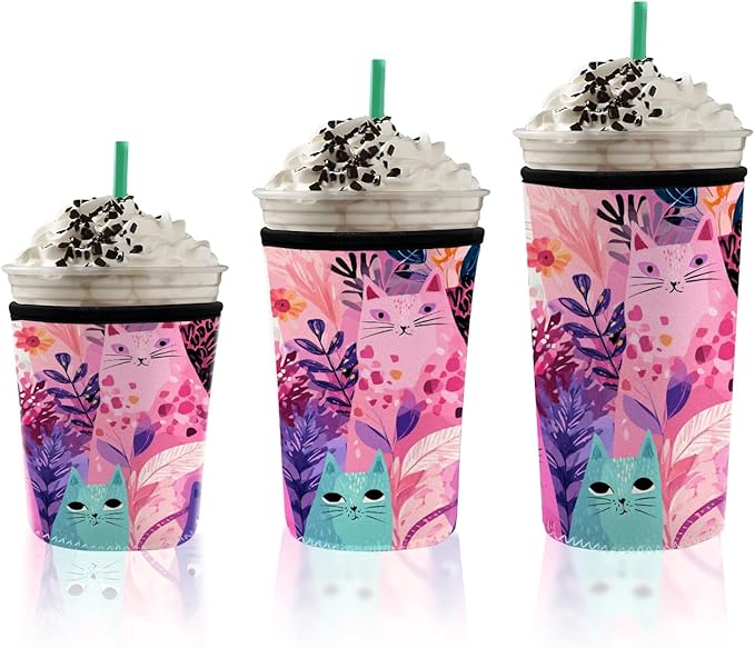 Colorful Cat Floral Iced Coffee Sleeve Set of 3 Fits 16oz 24oz 30oz Cups Cute Cat Lover Insulated Coffee Sleeve for Women & Gifts