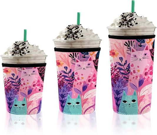 Colorful Cat Floral Iced Coffee Sleeve Set of 3 Fits 16oz 24oz 30oz Cups Cute Cat Lover Insulated Coffee Sleeve for Women & Gifts