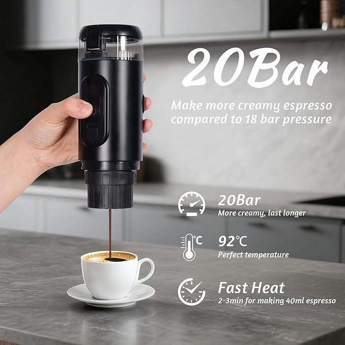 Portable Espresso Coffee Maker,Travel Coffee Maker for Camping with Self-Heating & 20Bar Pressure - USB-C Charging, Smart Display, Compatible with Capsules/Grounds for Camping/RV/Office