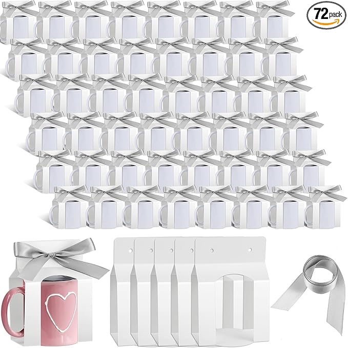 Kosiz 72 Pcs Mug Boxes Sublimation Coffee Mugs Gift Bags with Window Packaging Storage Box for Shipping Selling Wedding Valentines Gift Packaging Wrapping (for 11oz Mug,White,Silver)
