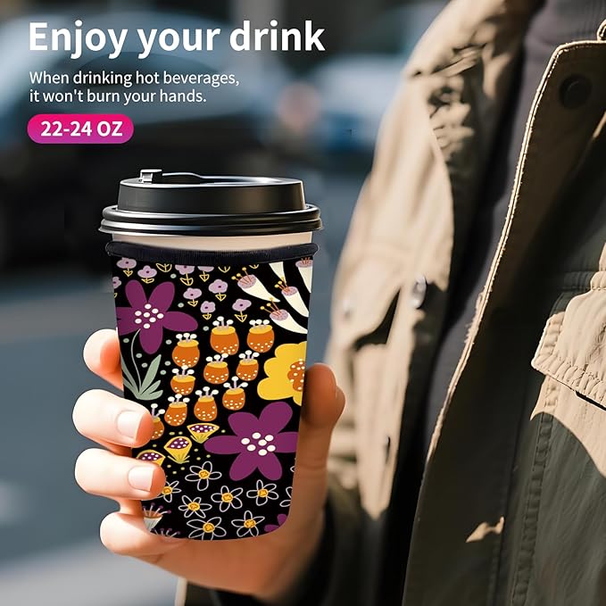 Reusable Neoprene Insulator Sleeve for Iced Coffee Cups, Medium 22-28oz Durable Drink Sleeve for Cold Beverages, Cute Beverage Holder Cup Sleeve for Women Men Cute Colorful Floral