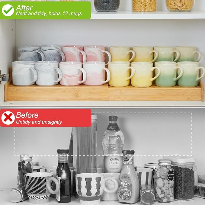 2-Tier Expandable Bamboo Mug Holder Coffee Mug Rack Organizer for Countertop, Multi-Functional Mug Display Shelf for Coffee Bar, Kitchen, and Home (15.75"~30.71")