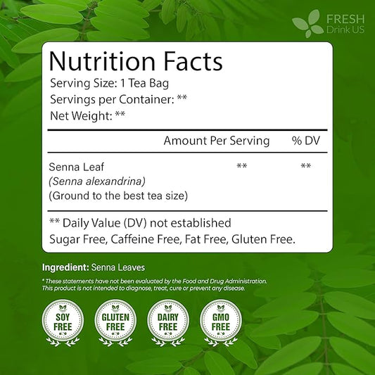 FreshDrinkUS, Premium 135 Senna Leaf Tea Bags for Constipation, Supports Your Cardiovascular System, 100% Natural & Pure. Loose Leaf Senna Herbal Tea, Made with Natural Material Tea Bags. Non GMO, No Sugar/ Caffeine/ Gluten, Vegan.