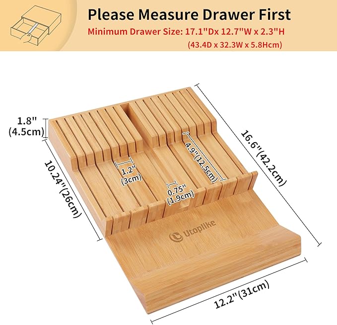 Utoplike In-drawer Knife Block Bamboo Kitchen Knife Drawer Organizer Large, Handle Steak knife Holder without Knives, Fit for 16 Knives and 1 Sharpening Steel (Knives & Sharpening Not Included)