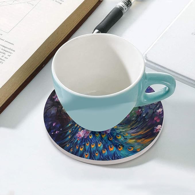 Peacock Drink Coasters, Round Ceramic Drink Coaster Round-4PCS, Vintage Watercolor Style Floral Beautiful Blue Peacock Decor Absorbent Ceramic Coasters for Beverage Cup, Bar, Coffee Table