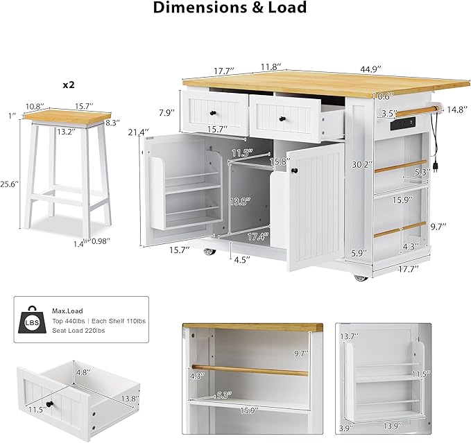 Rolling Kitchen Island with 2 Bar Stools, Drop Leaf & Power Outlet, Large Kitchen Islands Cart on Wheels, Movable Kitchen Island with 5 Open Shelves & Towel Rack for Kitchen, Dining Room, 48″, White