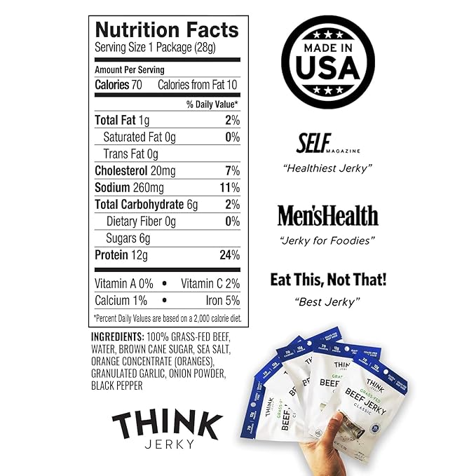 Think Jerky Classic Beef Jerky, Grass-Fed High Protein Beef, Gluten Free, No Antibiotics or Nitrates, Healthy Chef Crafted Recipe, Low Calorie and Low Fat - 1.0 oz Bags, 8 Pack
