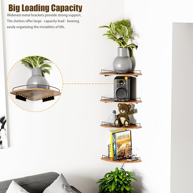 Corner Shelf Wall Mount, Floating Corner Shelves, Set of 4 Corner Wall Shelf Organizer,Rustic Wood Wall Storage Display Shelves forLiving Room Bedroom Bathroom Kitchen