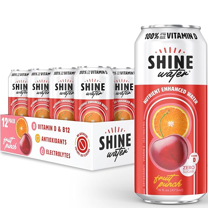 Shine Water Fruit Punch Vitamin D Electrolyte Drinks 12-Pack, Sugar Free Flavored Water with Magnesium, Zinc & Antioxidants, Low Calorie Hydration Beverage, Plant-Based Vitamin Water Zero Sugar
