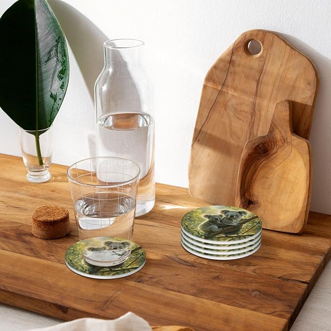 Koala Leaves Pattern Coasters for Drinks Absorbent Round Ceramic Coasters Set of 4 Non-Slip Cup Coaster with Cork Base for Coffee Table Drink Home Decor Tabletop Protection