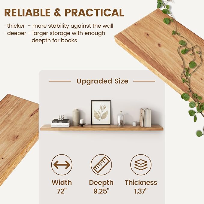 Reclaimed Elm Wood Floating Shelf for Wall, Flat Edge 72" W x 9.2" D x 1.4" H, Large Invisible Wall Mounted Shelf for Living Room Bedroom Kitchen Bathroom Decor, Natural Finish 1 Pack