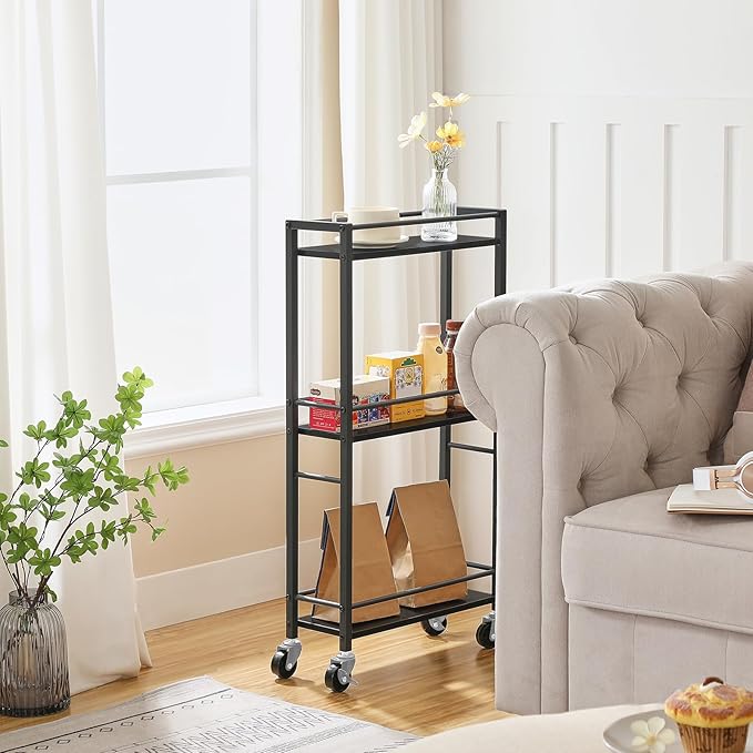 Slim Rolling Cart, Mobile Kitchen Cart on Wheels, Narrow Storage Cart for Small Space, Wooden Service Cart, for Bathroom, Laundry, Living Room, Black RCHB1501
