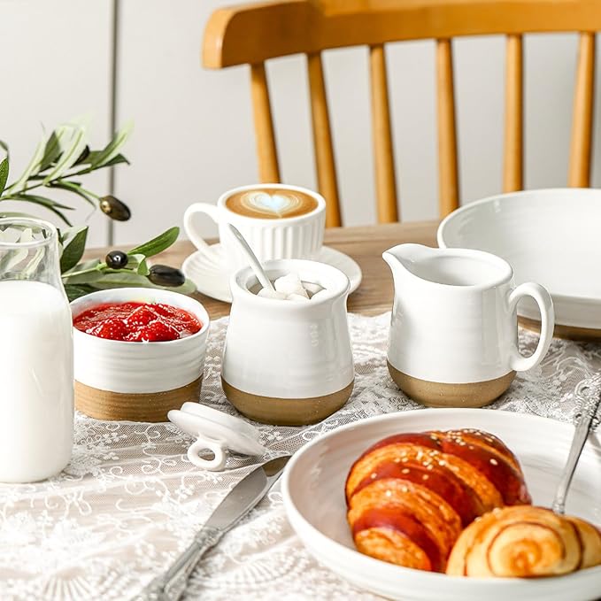 Ceramic Sugar and Creamer Container Set of 3,10 Ounce Cream Pitcher,11 Ounce Sugar Bowl with Lid and Spoon,Farmhouse Coffee Bar Accessories Set for Serving,Microwave & Dishwasher Safe,White
