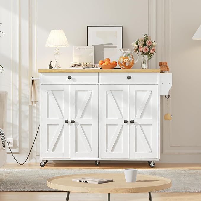 HOOBRO Kitchen Island with Power Outlet,43.3" Rolling Kitchen Island with Storage, Rolling Cart with Spice Rack and Hooks, for Dining, Living Room, White and Natural WN11UZD01