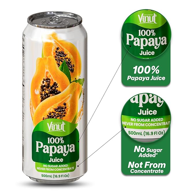 VINUT 100% Papaya Juice, No Added Sugar, Not From Concentrate, 16.9 fl oz (500 mL) Can, Pack of 6