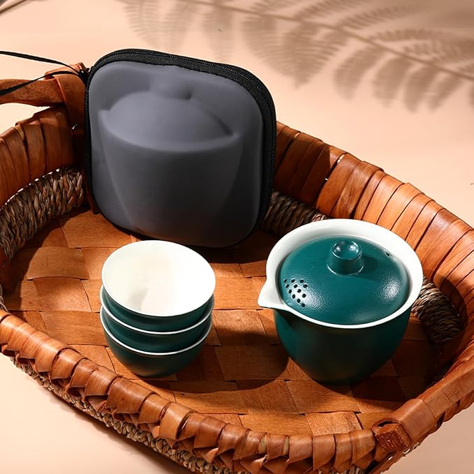 Porcelain Chinese Gongfu Tea Sets for Adults Portable Kungfu Teapot and Cup Set Small Ceramic Tea Party Set Travel Teaset with Lid for Home Gifting Outdoor and Office (Green)