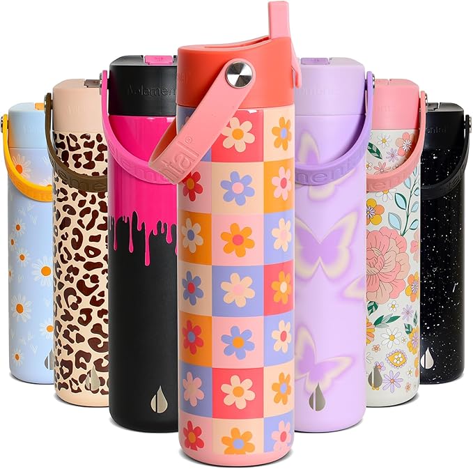 Elemental 24oz Insulated Water Bottle with Straw - 100% Leak-Proof Stainless Steel Core Water Bottles for Travel, Sports and Gym - Double Wall Insulation & BPA Free - Checkered Flower