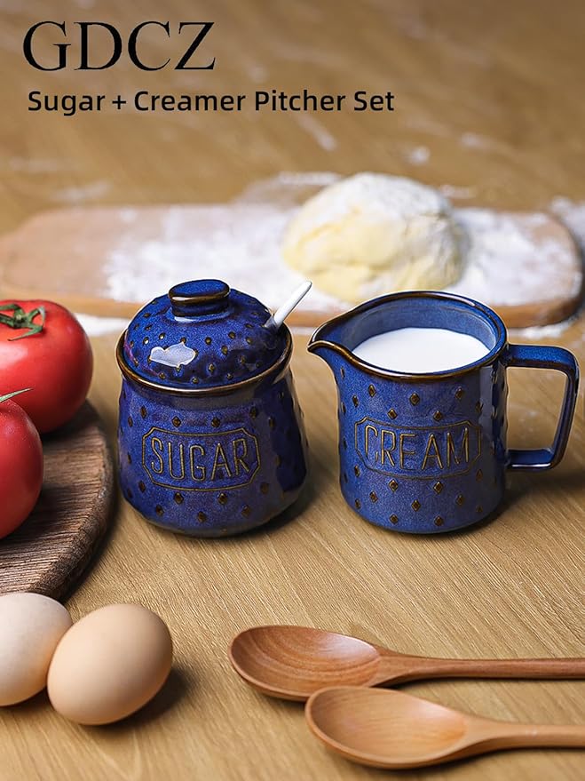 GDCZ Ceramic Sugar and Creamer Set, Milk Creamer and Sugar Container with Spoon, Coffee Serving Set with Sugar Bowl and Cream Pitcher, Set of 2 (Blue)