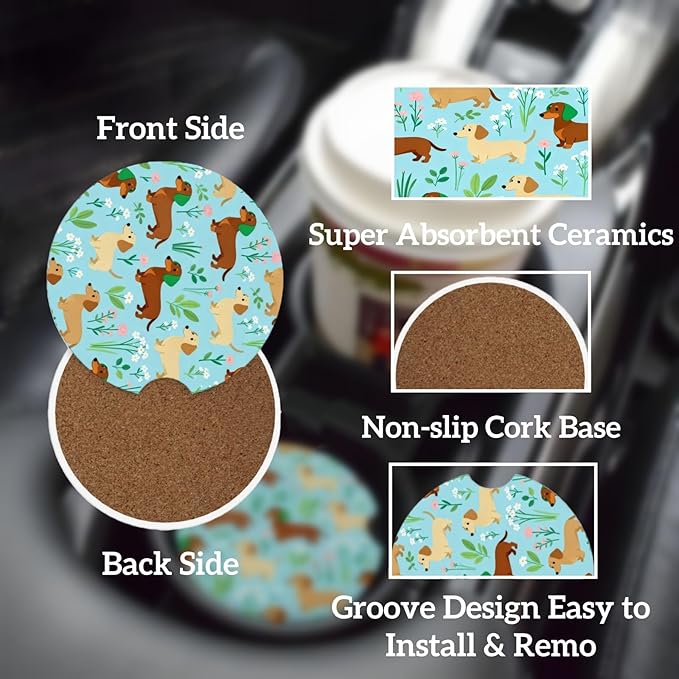 Car Cup Holder Coasters, 2 Pcs Ceramic Coasters with Finger Slot and Cork Back, Anti-Slip Shock Absorbing Women and Men Universal Car Accessories - Lovely Wiener Dog