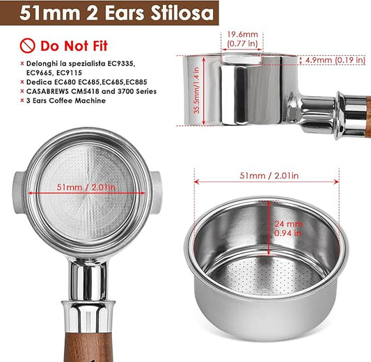 51mm Bottomless Portafilter 2 Ears for Delonghi Stilosa ECP3420/EC155/BCO430/EC260,Stainless Steel Filter Basket and Walnut Handle