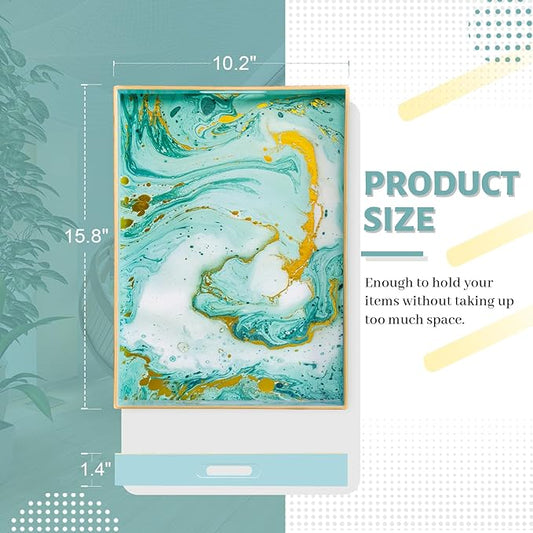 MAONAME Turquoise Serving Tray with Handles, Plastic Decorative Tray for Coffee Table, Marbling Rectangular Tray for Bathroom, Ottoman, Storage, 15.7" Lx 10.2" W X 1.57" H