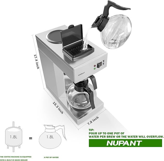 NUPANT 12-Cup Coffee Maker 1.8L Commercial Drip Coffee Maker Pour Over Coffee Machines with 2 Glass Carafes and 2 Warmers Plate Stainless Steel Coffee Brewer for Cofe Bar and Restaurant